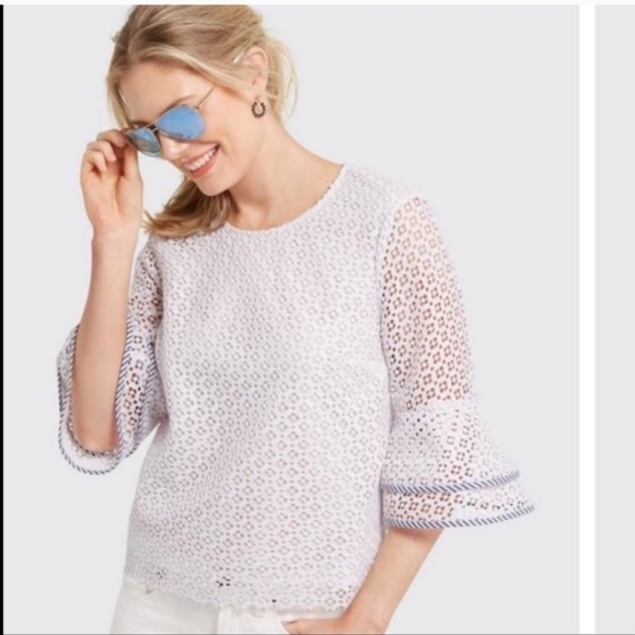 DRAPER JAMES Gingham Lattice Bell Sleeve Pullover Top in Magnolia White - Picture 1 of 14